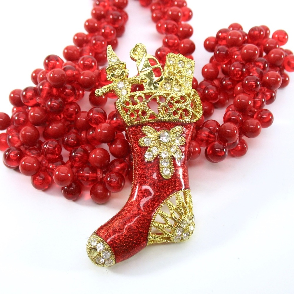 Christmas Brooch, Rhinestone Stocking Pin, Red - Picture 2 of 5